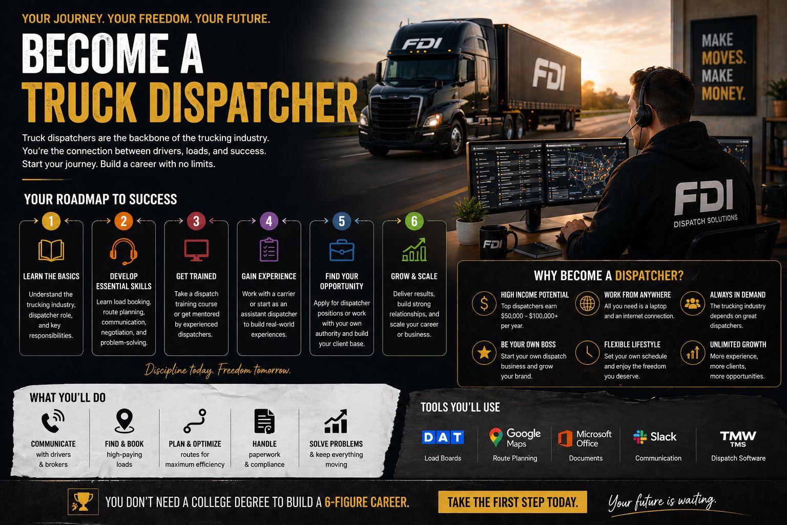 Infographic: roadmap to become a truck dispatcher, from learning the basics to growing your business