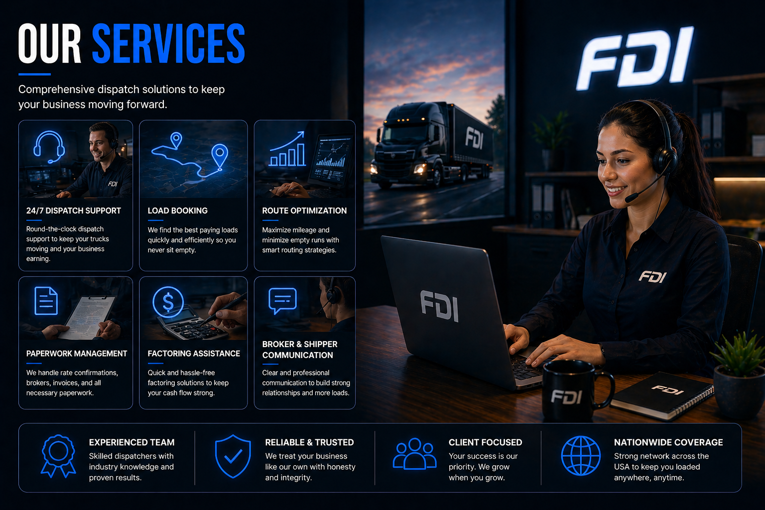 FDI truck dispatch and logistics services illustration