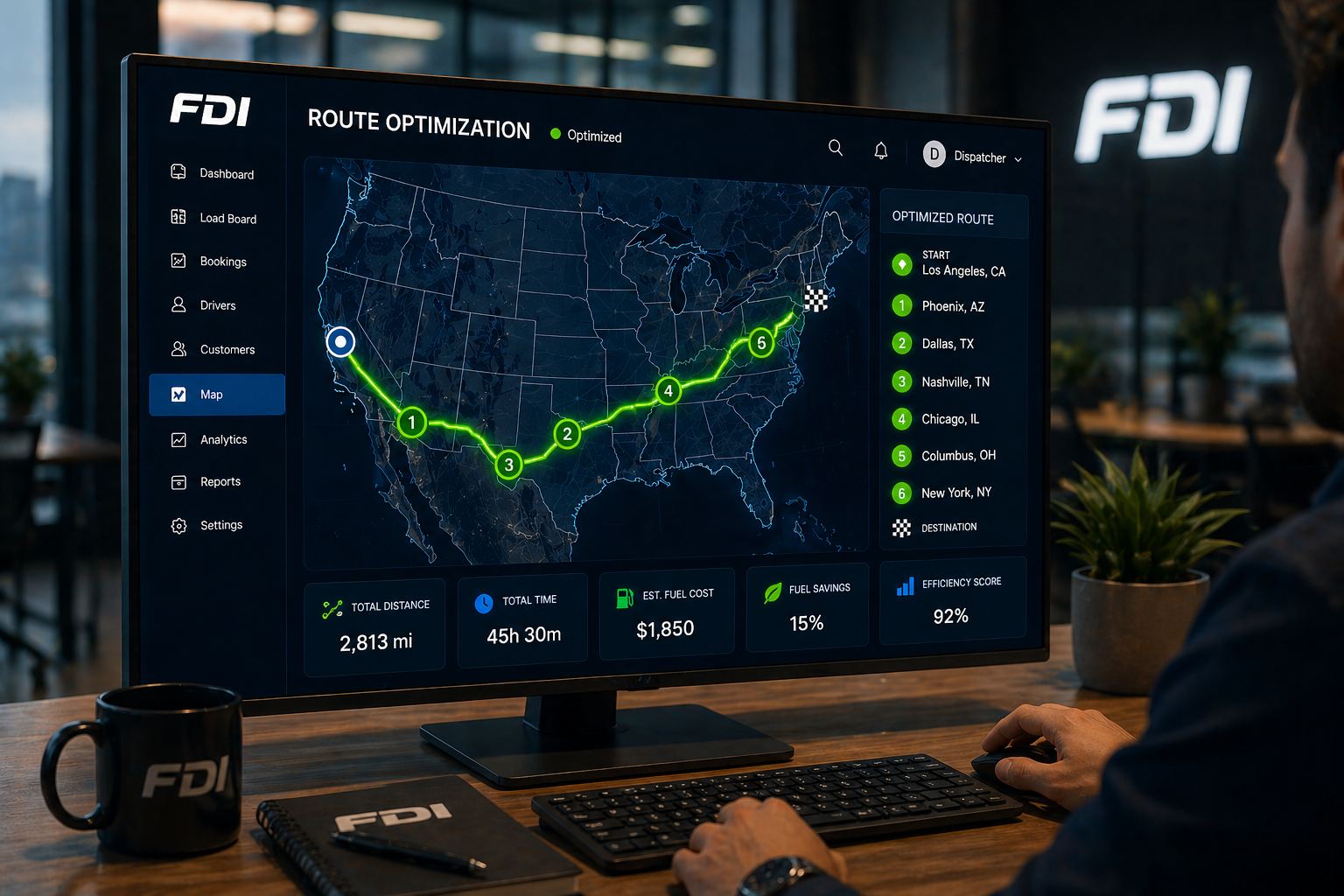 Truck route optimization map on a dispatch screen