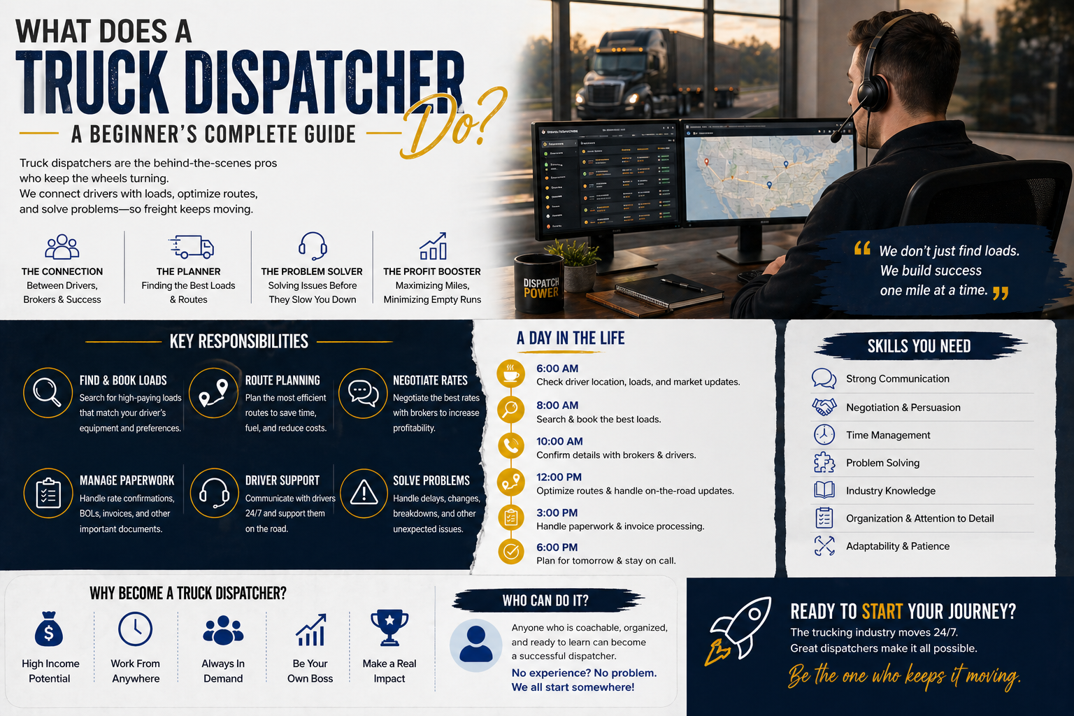Truck dispatch services overview illustration
